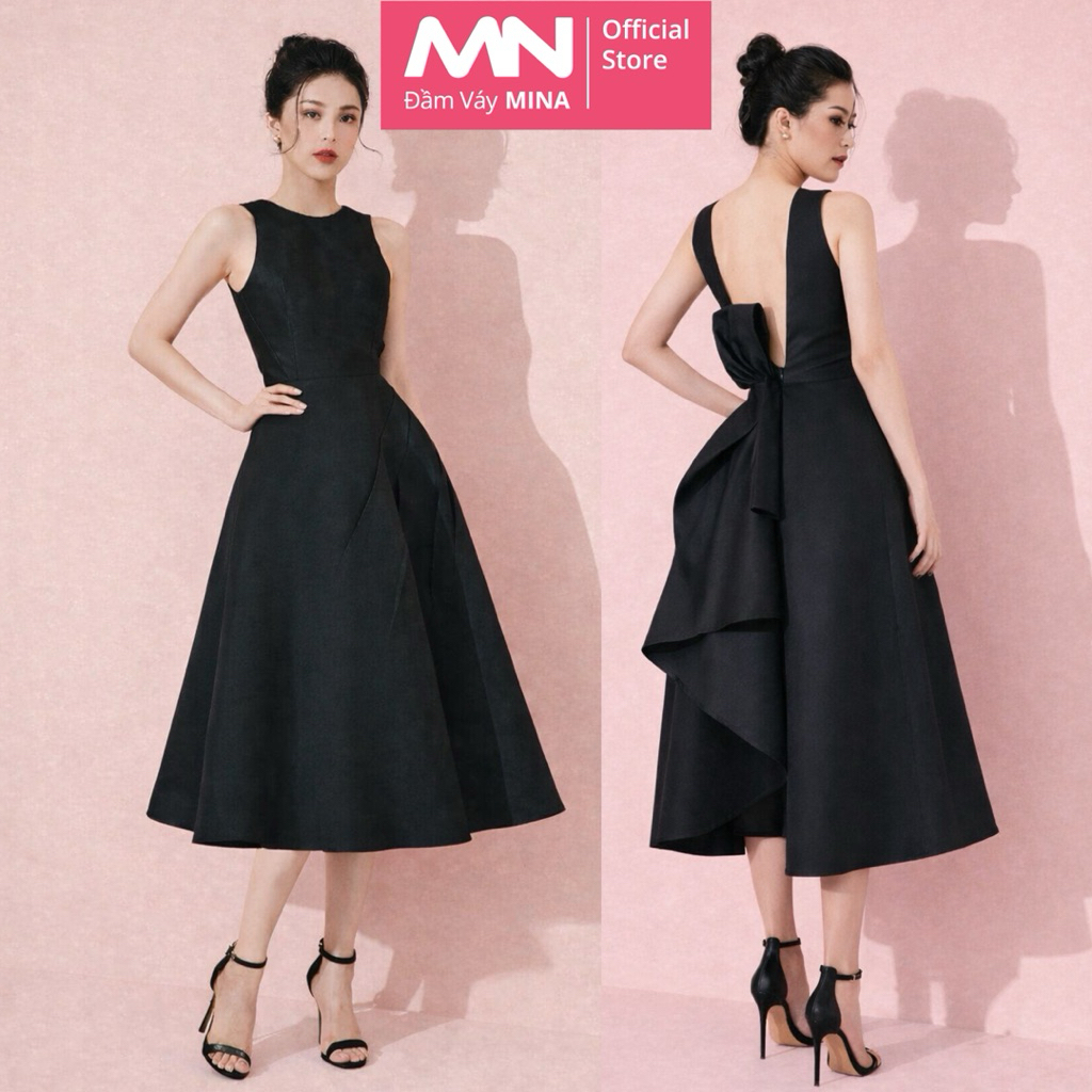 Đầm dự tiệc hở lưng MINA dáng xoè midi chất Taffeta màu đen quyến rũ đi tiệc siêu sang MN104
