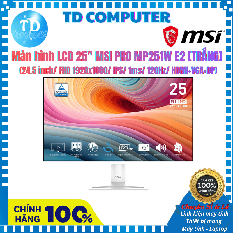 Màn hình LCD 25" MSI PRO MP251W E2 [TRẮNG] (24.5 inch/ FHD 1920x1080/ IPS/ 1ms/ 120Hz/ HDMI+VGA+DP)