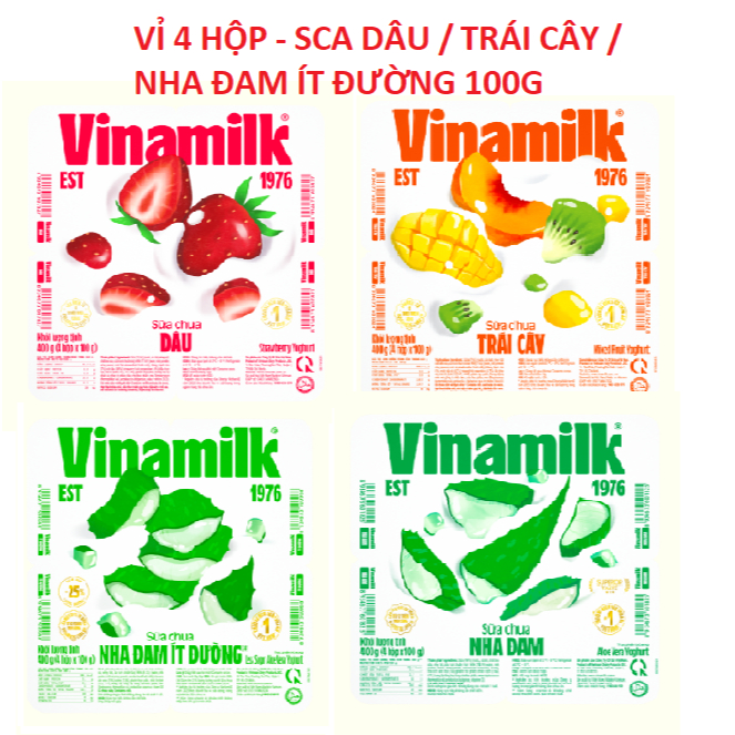 VỈ 4 HỘP - SỮA CHUA ĂN VINAMILK TRÁI CÂY / DÂU/ NHA ĐAM / NHA ĐAM ÍT ĐƯỜNG 100G