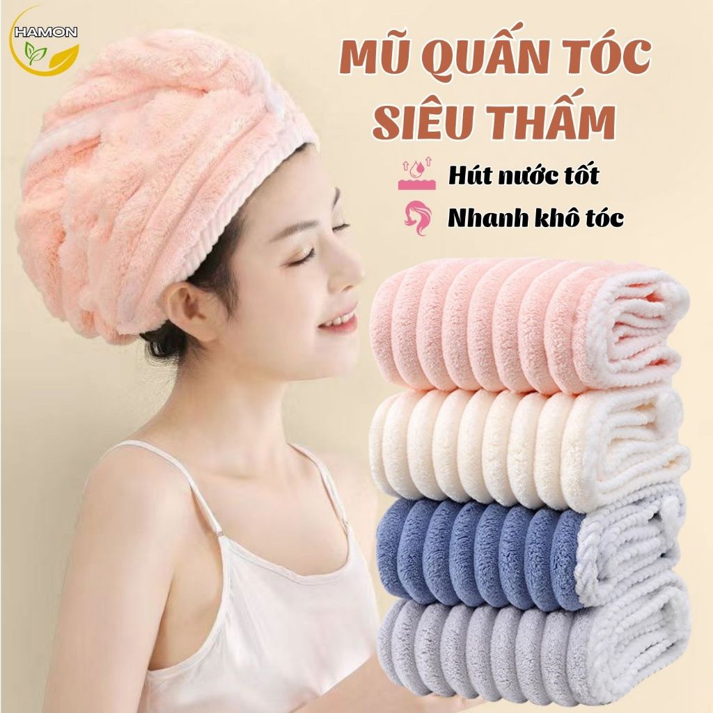 Mũ Quấn Tóc Thấm Hút Nhanh Khô HAMON, Khăn Lau Tóc Lọn Bông To Dày Dặn Siêu Thấm