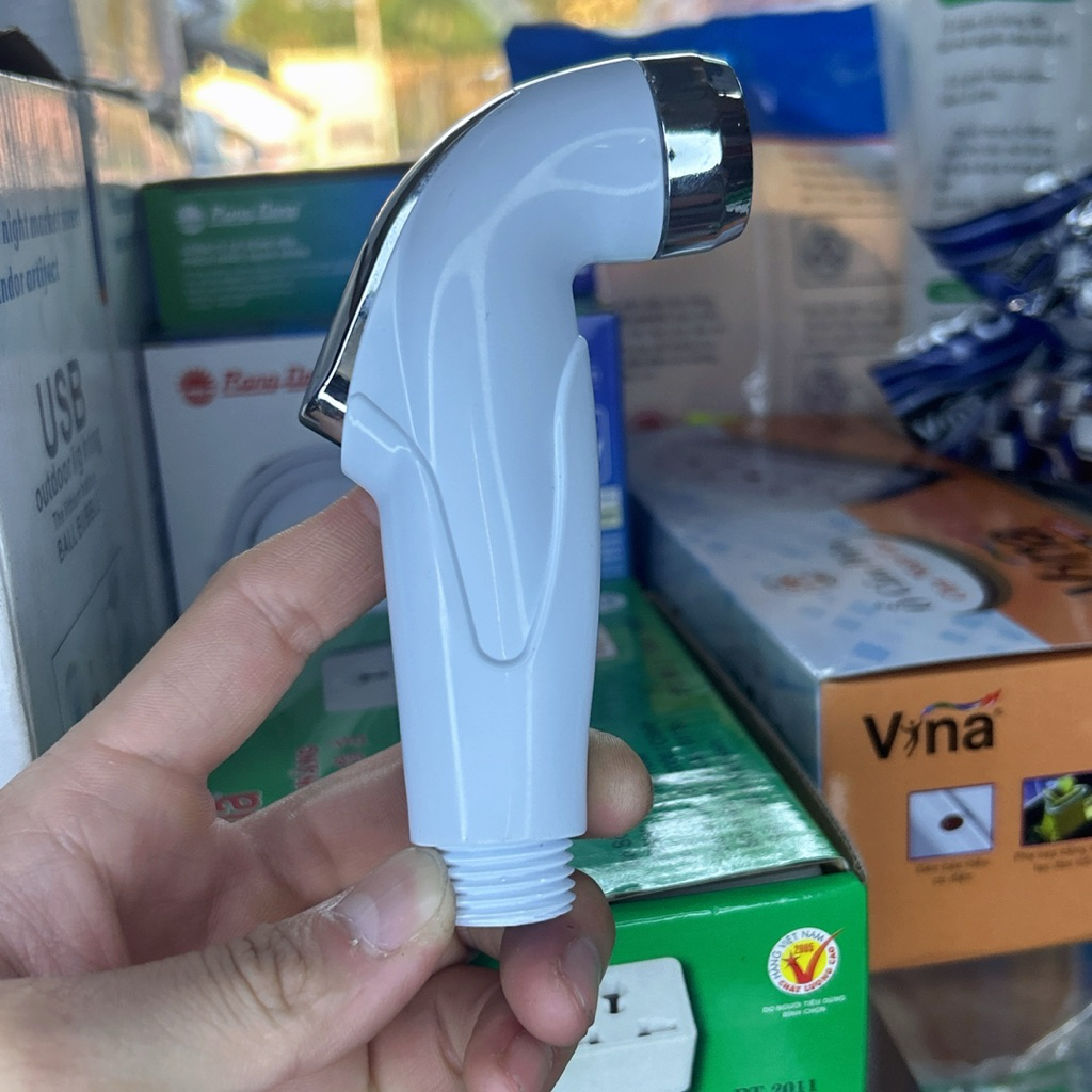 Đầu Vòi Xịt Vệ Sinh Nhựa Trắng Nút Bấm Xi Bạc – Tay Xịt Toilet, Vòi Xịt Nhà Vệ Sinh, Đầu Xịt Toilet 