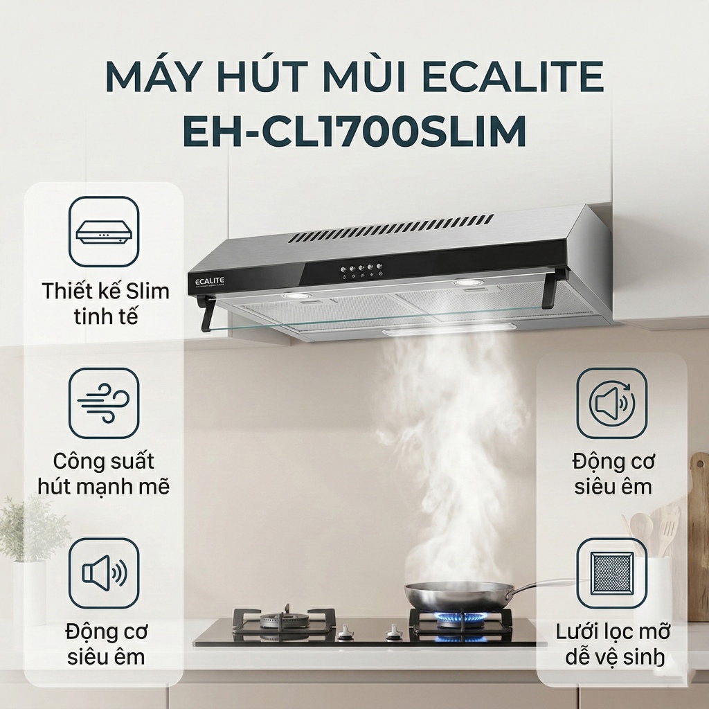 [FREESHIP HCM] Máy Hút Mùi Classic Ecalite EH-CL1700SLIM - Ngang 70cm - Hút mạnh 750m3/h