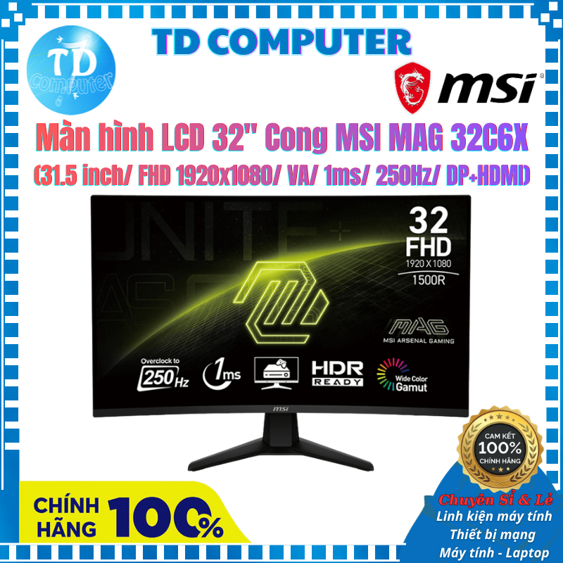 Màn hình LCD 32" Cong MSI MAG 32C6X (31.5 inch/ FHD 1920x1080/ VA/ 1ms/ 250Hz/ DP+HDMI) - Hàng chính