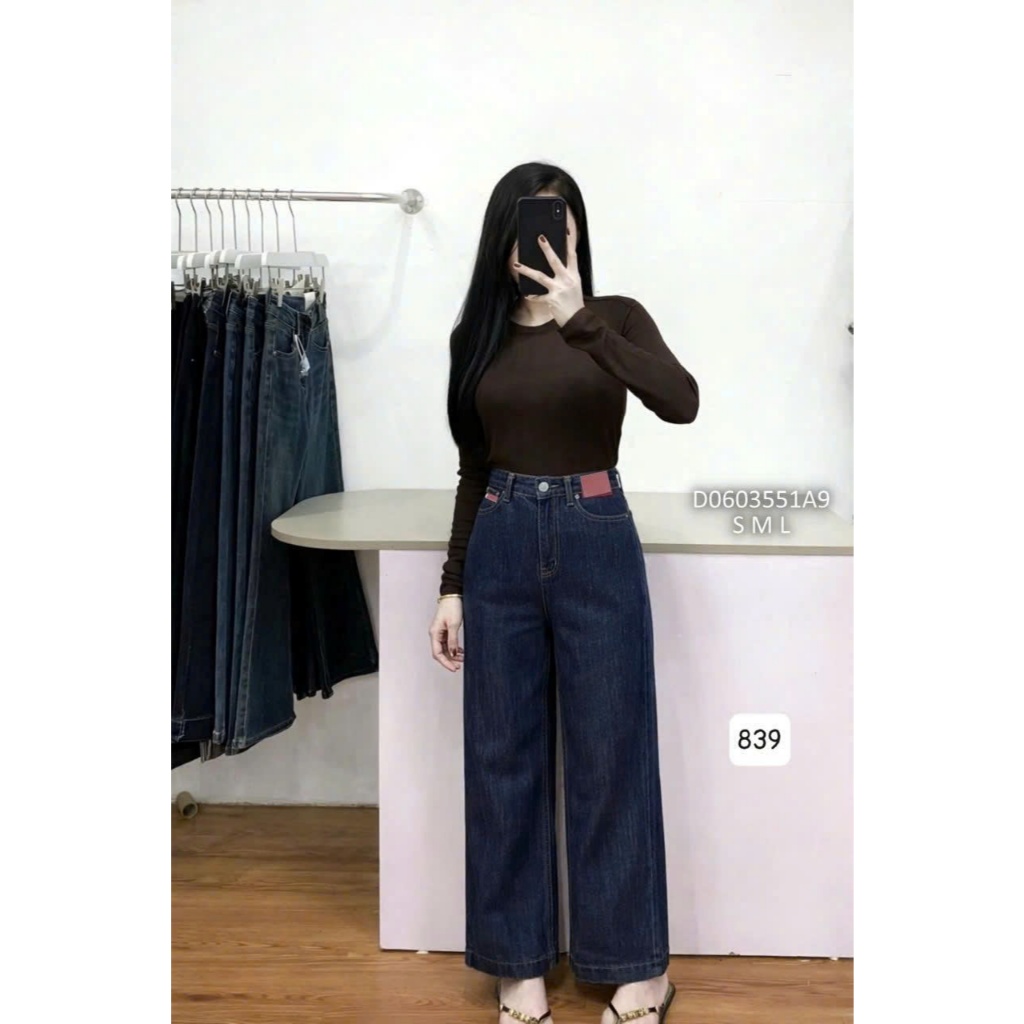 Quần jean baggy ống suông phối da TOMBI SHOP