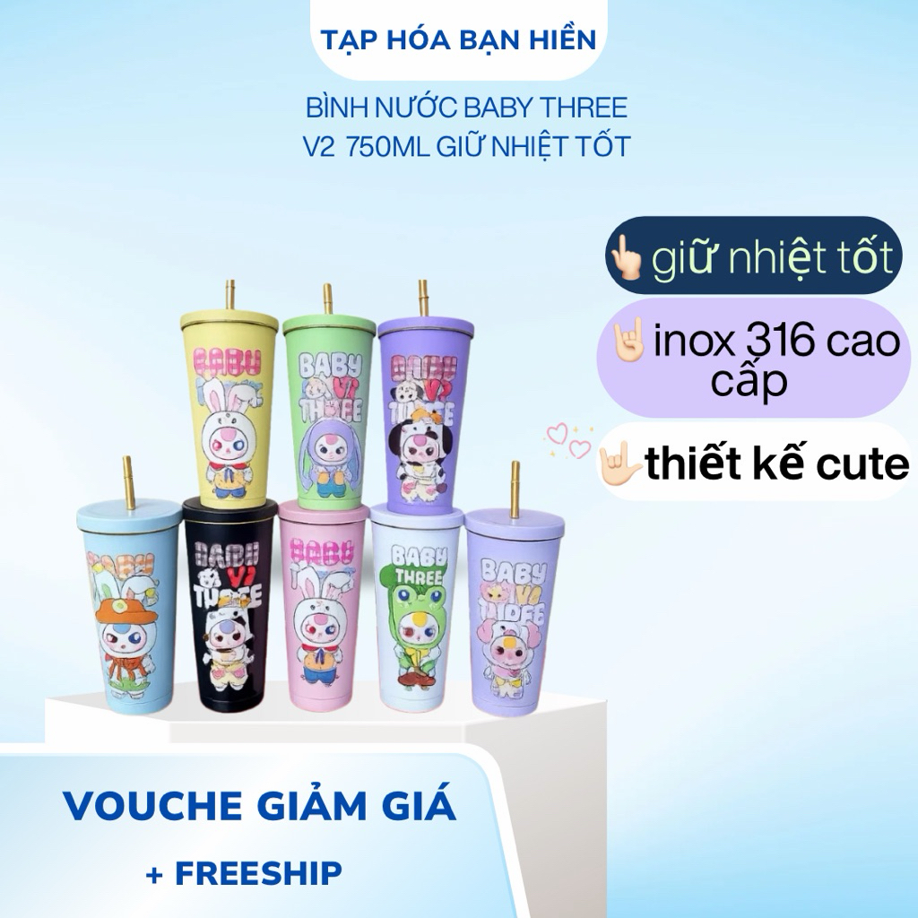 [KH]Bình Nước Baby Three V2 750 ML Hàng Loại 1, Có Ống Hút, Giữ Nhiệt Tốt, Thiết Kế Dễ Thương