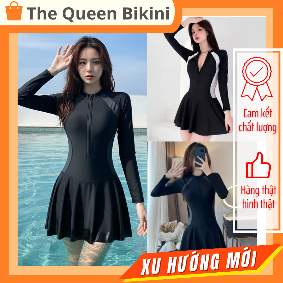 Đồ bơi liền thân nữ Bikini một mảnh kín đáo dạng váy đi biển áo tắm khóa zip tay ngắn & dài size S - 2XL The Queen 082