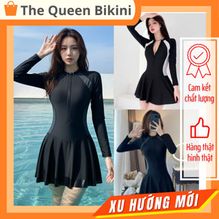 Đồ bơi liền thân nữ Bikini một mảnh kín đáo dạng váy đi biển áo tắm khóa zip tay ngắn & dài size S - 2XL The Queen 082