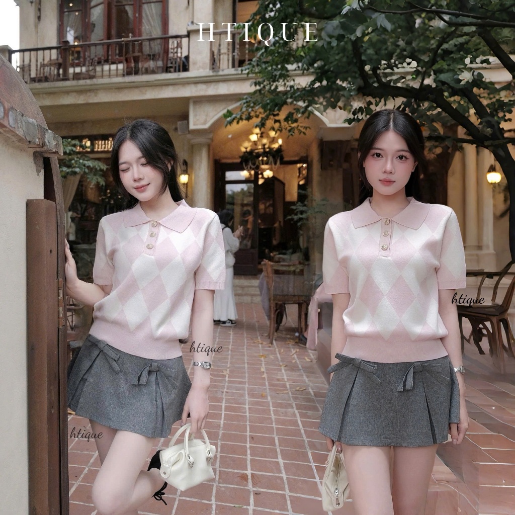 HTIQUE - DEAL mở bán Áo len dệt kim polo hồng pastel, Áo len dệt kim nữ họa tiết quả trám basic nhẹ nhàng AP01 | BigBuy360 - bigbuy360.vn
