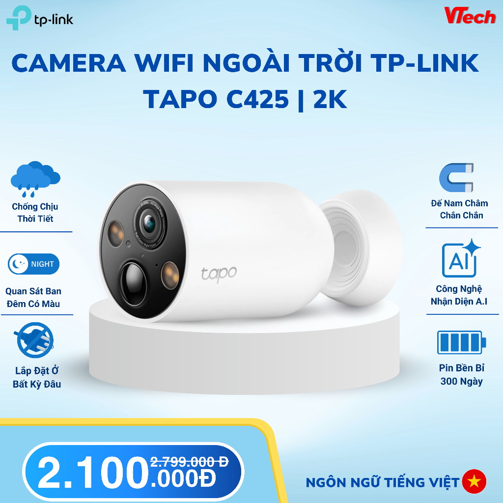 Camera WIFI ngoài trời TP-Link Tapo C425 | 2K 4MP | Đế nam châm | Pin 10KmAh