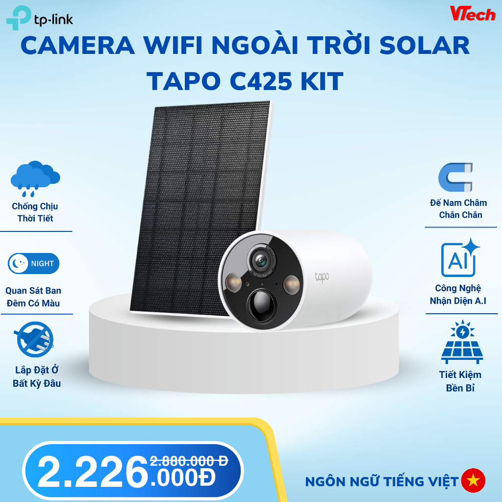 Camera Solar TP-Link Tapo C425 KIT | 4MP 2K | Kết nối WIFI 2.4Ghz | Đàm thoại 2 chiều | Pin 10.000mA