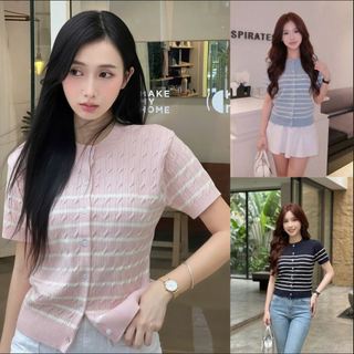 Áo Len Cardigan Nữ Ngắn Tay LN05 Chất Liệu Len Vặn Thừng Lông Thỏ Họa Tiết Kẻ Basic Màu Sắc Nhẹ Nhàng