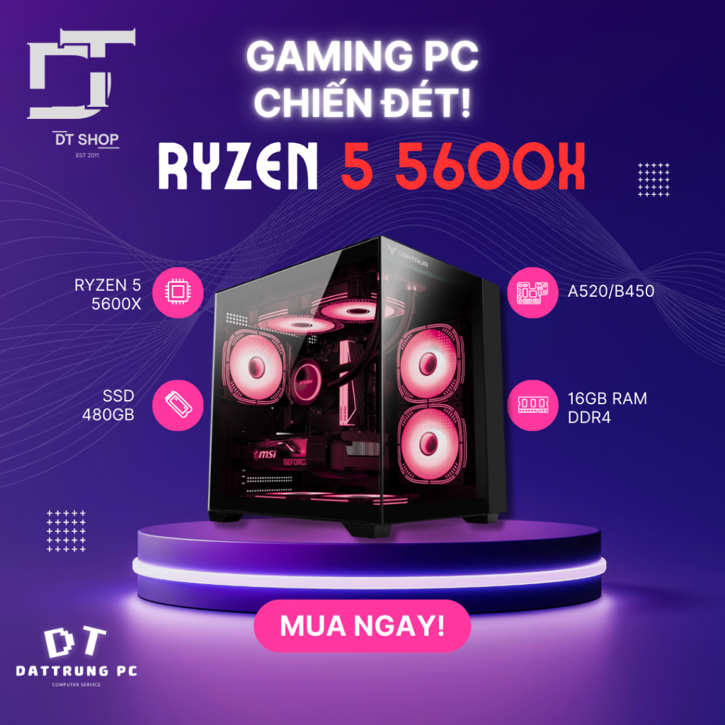 PC Gaming Ryzen 5 5600X | B450M Jginyue | RAM 16GB DDR4 3200 | SSD 480GB | Nguồn 550W 80 Plus CENTAU