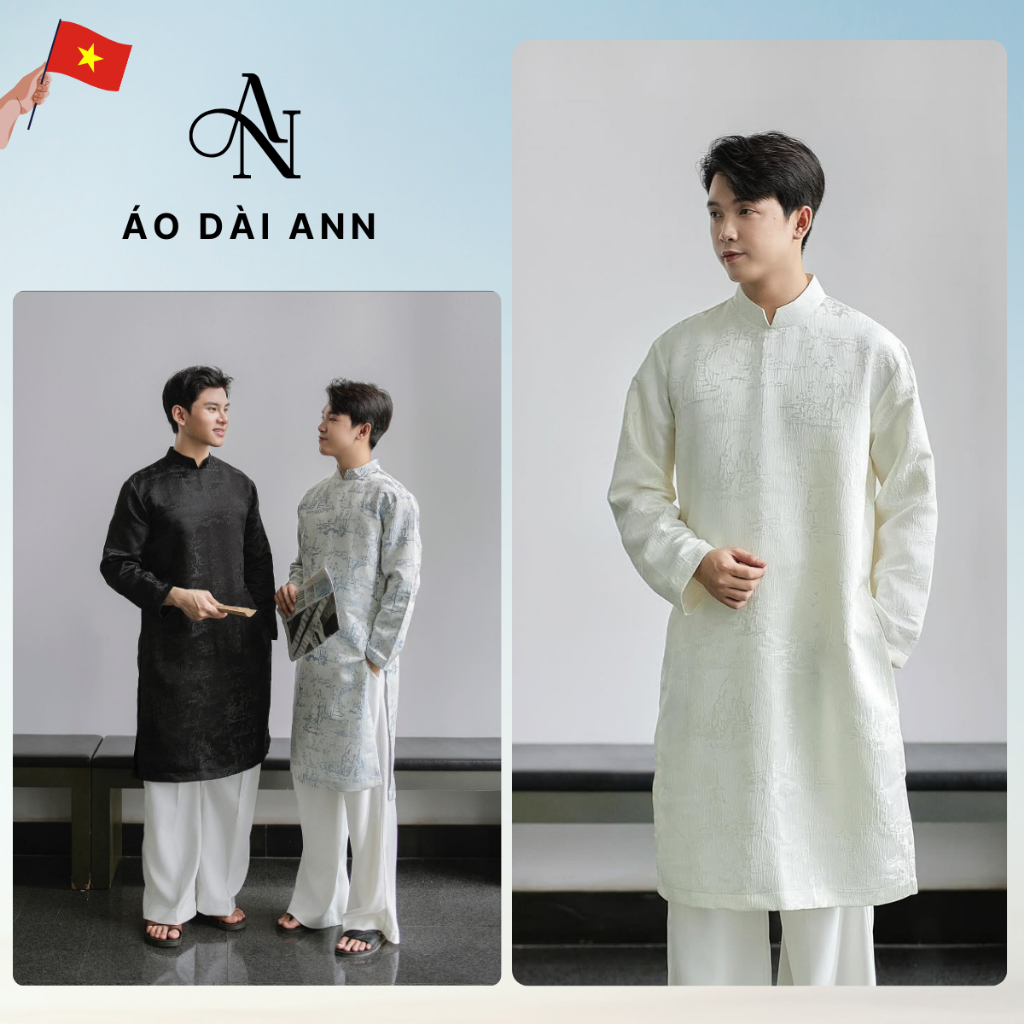 ANN - Áo Dài Cách Tân Nam NGUYÊN VŨ, Chất Vải Gấm Kéo Khóa Sau Có Đệm Cầu Vai