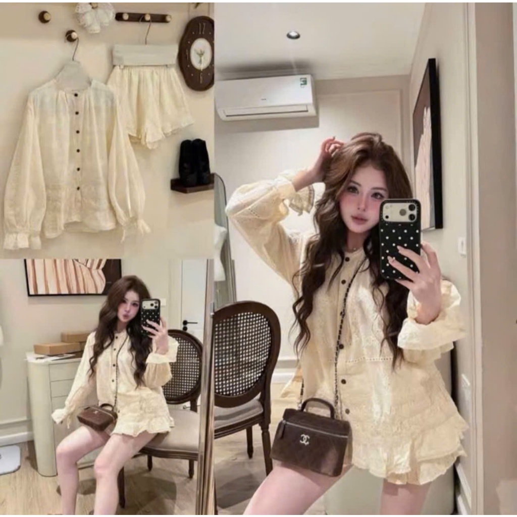 (Set Đồ Xinh): Set Bộ Thô Boi Ren Cổ Tròn Bèo Tầng Cúc Gỗ Tay Loe Chun Mix Quần Cùng Tone Cực Cute-Ả