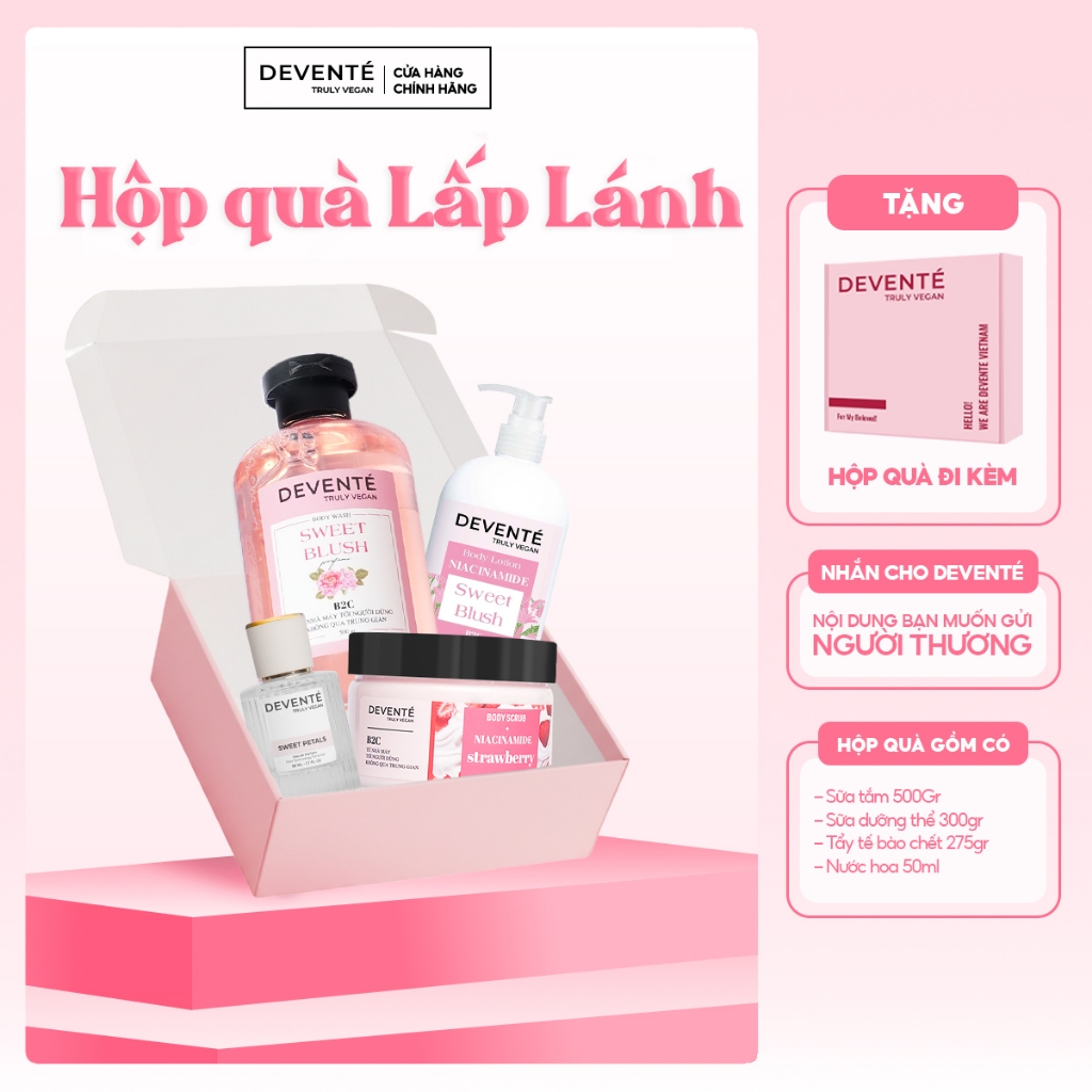 Set Quà Tặng DEVENTE Gồm Sữa tắm 500g + Tẩy tế bào body 275g + Bodylotion 300g + Nước hoa 50ml