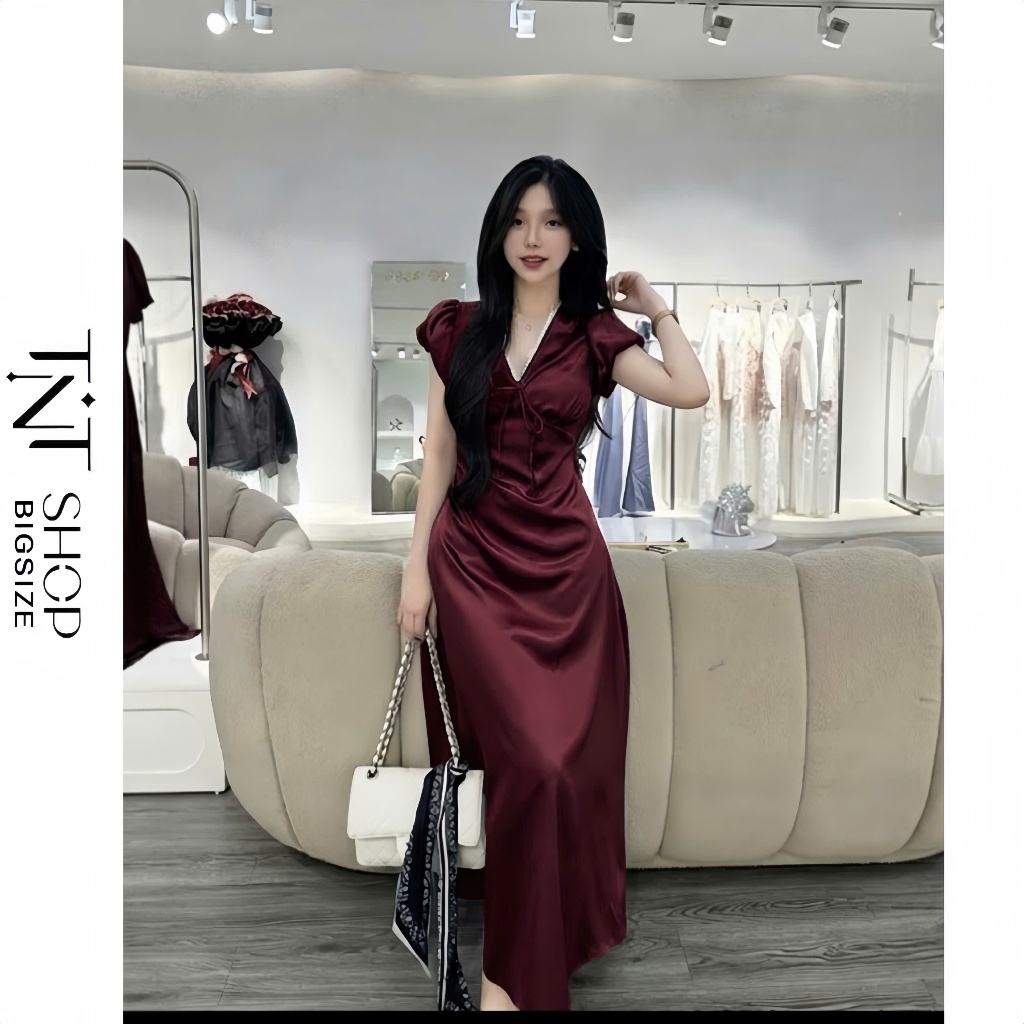 ĐẦM LỤA TAY PHỒNG BIGSIZE PHỐI REN CỔ V THẮT DÂY DÁNG DÀI[TNT SHOP BIGSIZE 60KG 90KG] | BigBuy360 - bigbuy360.vn