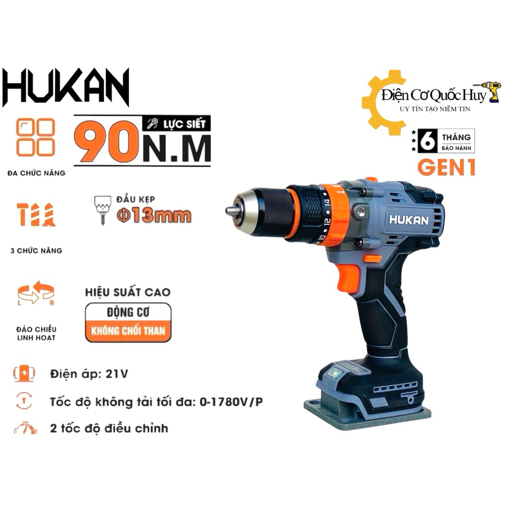 Thân Máy Khoan pin Hukan G1-F88 Lực siết 90N.m có khoá trục đầu kẹp autolock sử dụng chân pin phổ th
