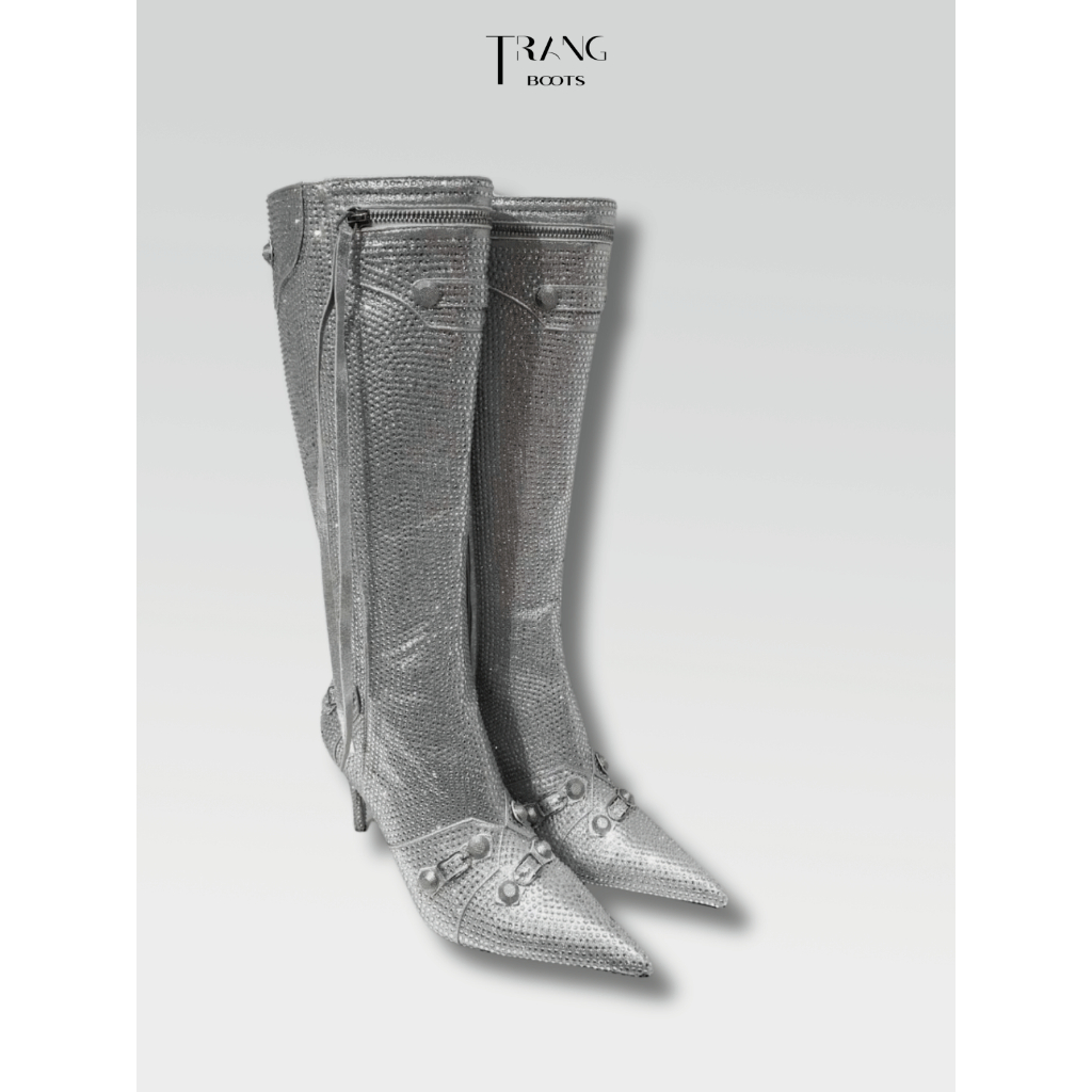 KNEE BOOTS MŨI NHỌN BLING ĐÍNH ĐÁ MÀU BẠC