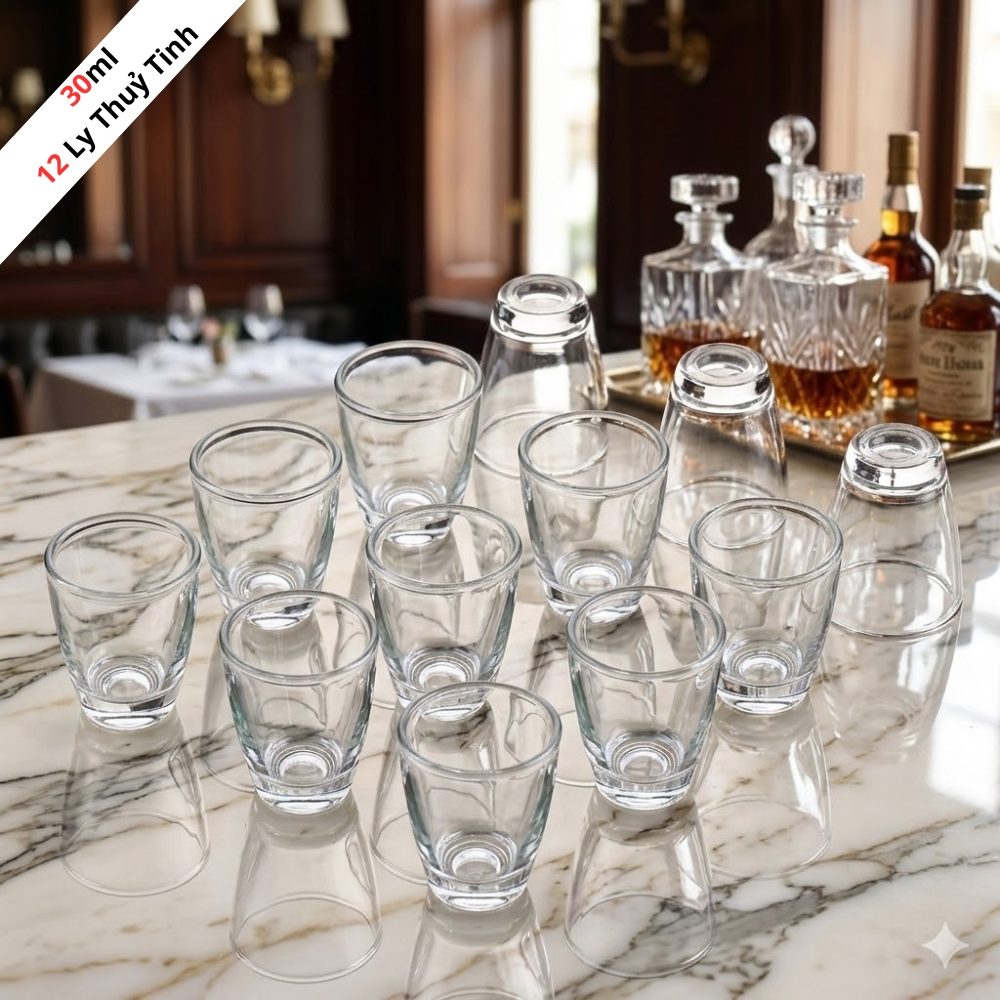 BỘ 12 LY THUỶ TINH 30ML, LY THUỶ TINH PHỤC VỤ QUÁN LẨU