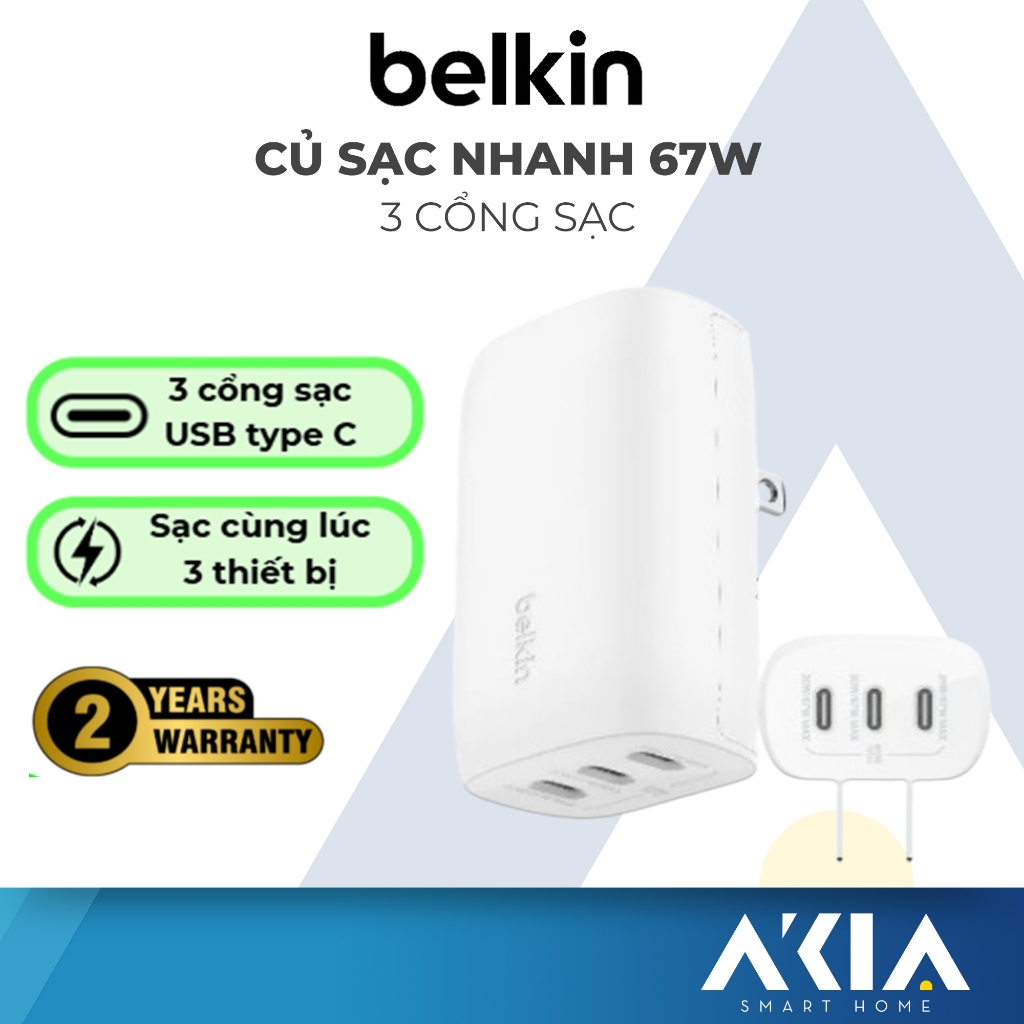 [Chính hãng] Củ sạc nhanh 3 cổng USB-C Belkin 67W, 2 cổng sạc 20W, 1 cổng sạc 25W, bảo hành 2 năm