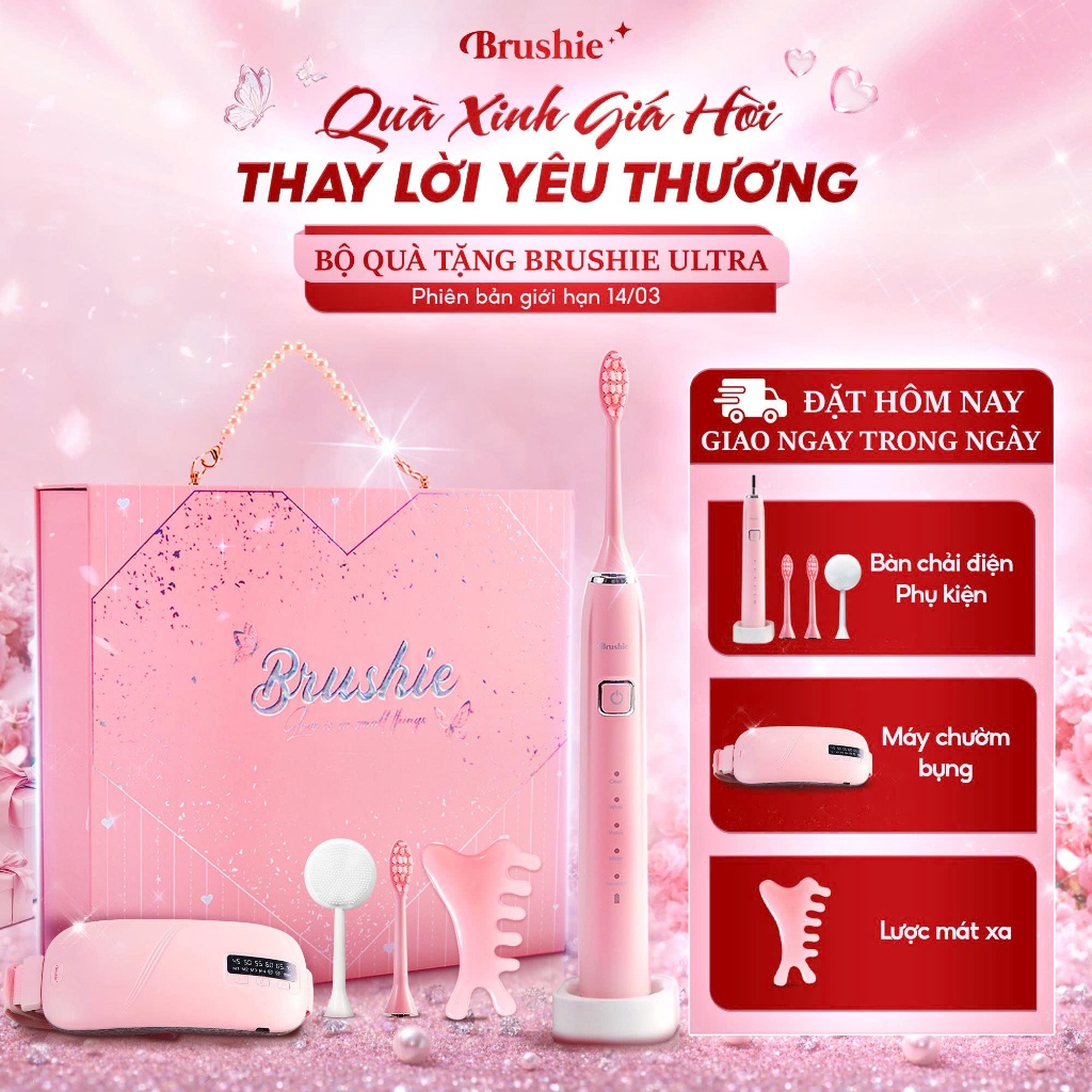 [GIÁ 863K TẠI LIVE SHOP] Set quà tặng bàn chải điện Brushie Ultra cho nữ 14/3, quà tặng bạn gái Vale