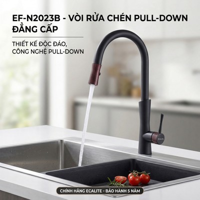 Vòi rửa chén dây rút, 2 nguồn nước nóng lạnh Ecalite EF-K185B/ EF-N2023B - Màu đen tuyền sang trọng, bảo hành 3 năm