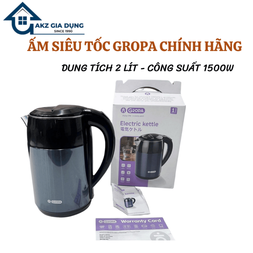 Ấm đun nước siêu tốc Gropa dung tích 2 lít công suất 1500w bảo hành 12 tháng lỗi đổi mới