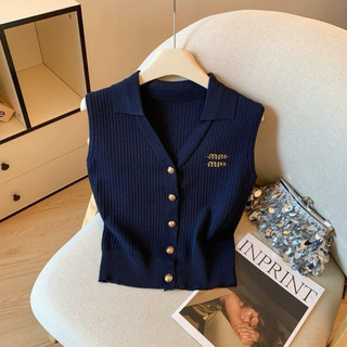 Áo vest cổ polo (sẵn xanh vany) không tay 4 màu dành cho nữ, kiểu Pháp mùa hè, có cổ, áo khoác cardigan dệt kim ngắn.
