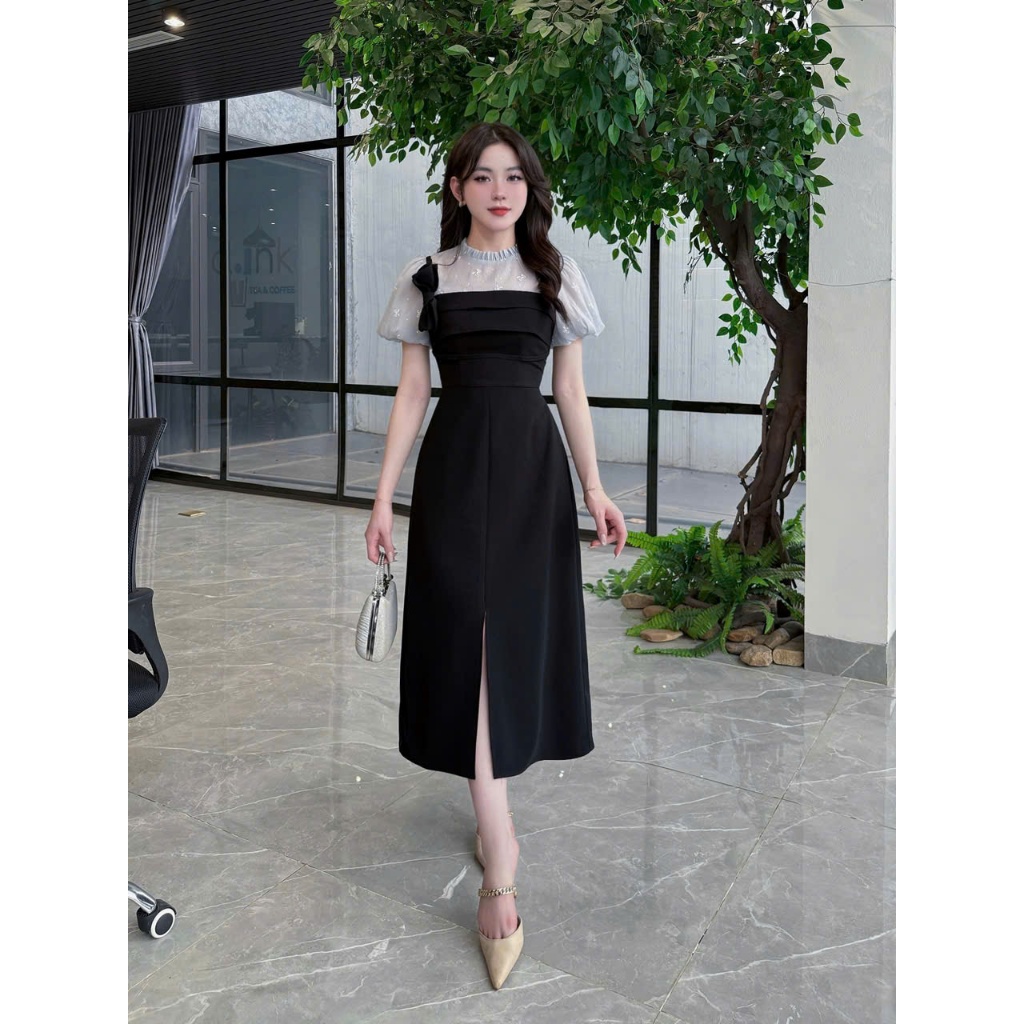 2VK251 - Váy Thiết Kế Eviici dành cho nữ cổ bèo phối tơ họa tiết, nơ liền dáng A dài xẻ trước