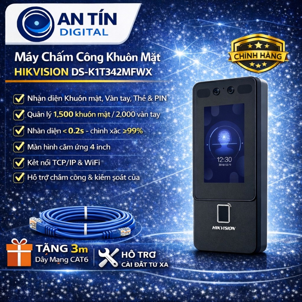 Máy Chấm Công Khuôn Mặt Hikvision DS-K1T342MFWX | Face ID + Vân Tay + Thẻ | Wifi | Quản Lý 1500 Khuô