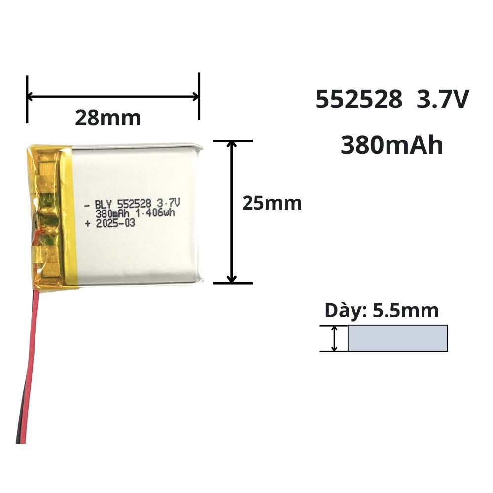 Pin sạc 3.7V 552528 380mAh cho tai nghe, Loa, thiết bị điện tử