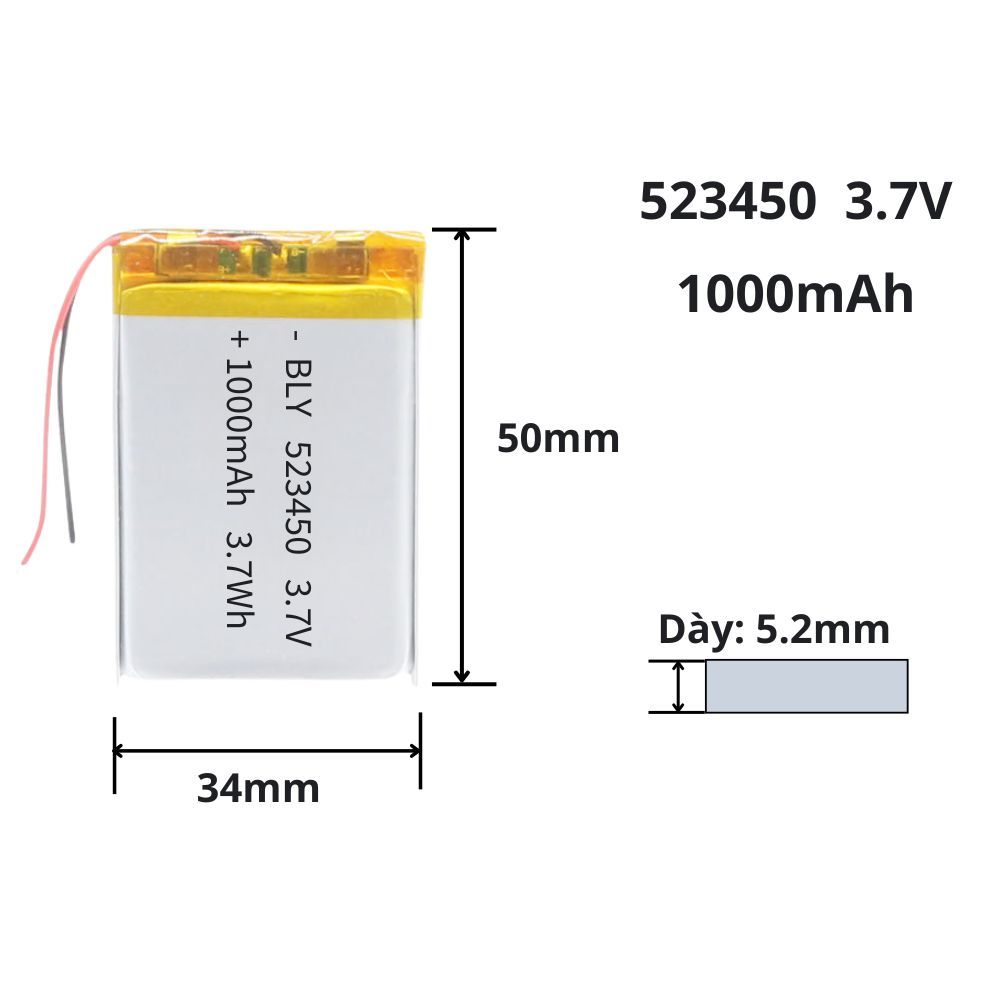 Pin sạc 3.7V 523450 1000mAh cho tai nghe, Loa, thiết bị điện tử