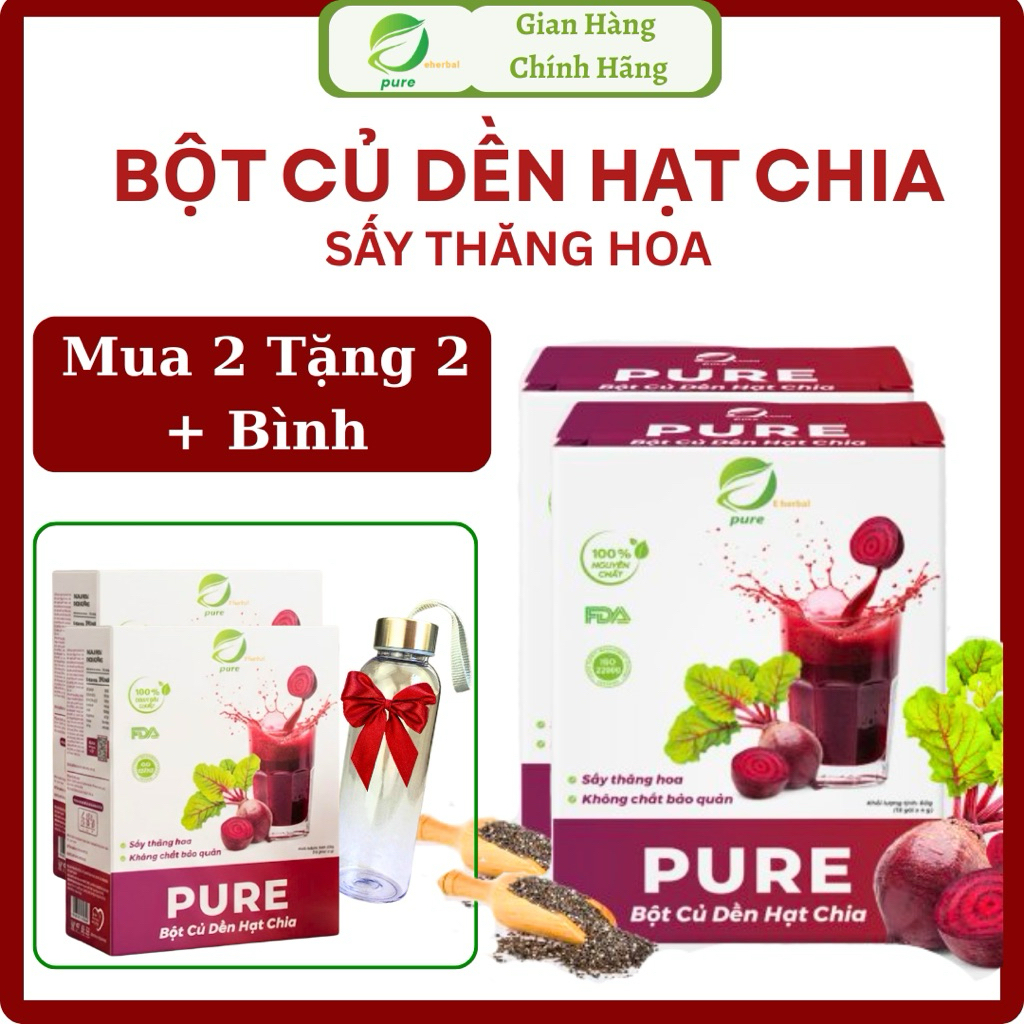 [Combo 2 Tặng 2 + Bình] Bột củ dền hạt chia sấy thăng hoa - pure detox eherbal - Hộp 15 gói