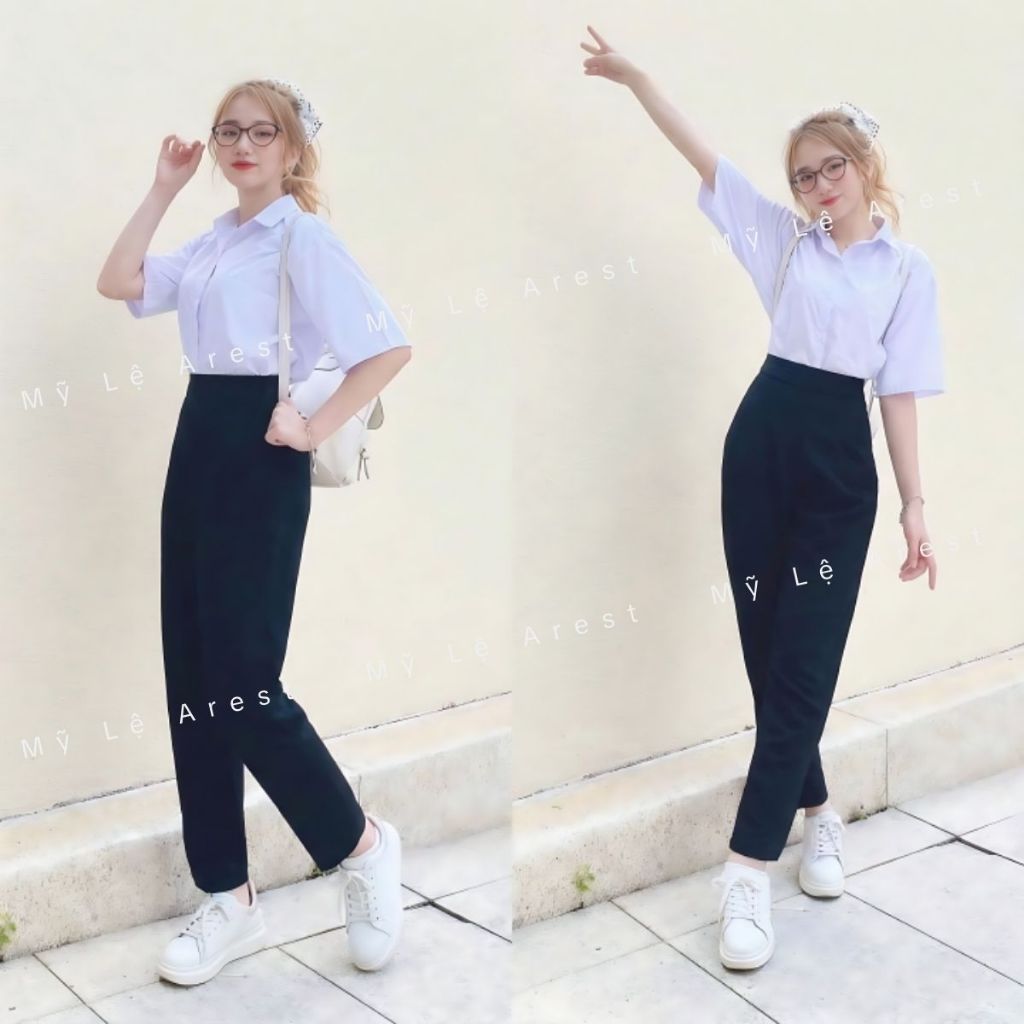 Quần Tây Baggy Nữ Đi Học Màu Đen Cạp Lưng Cao Khóa Sườn - Quần Vải Lưng Chun Học Sinh Nữ Cấp 3 2 Phố