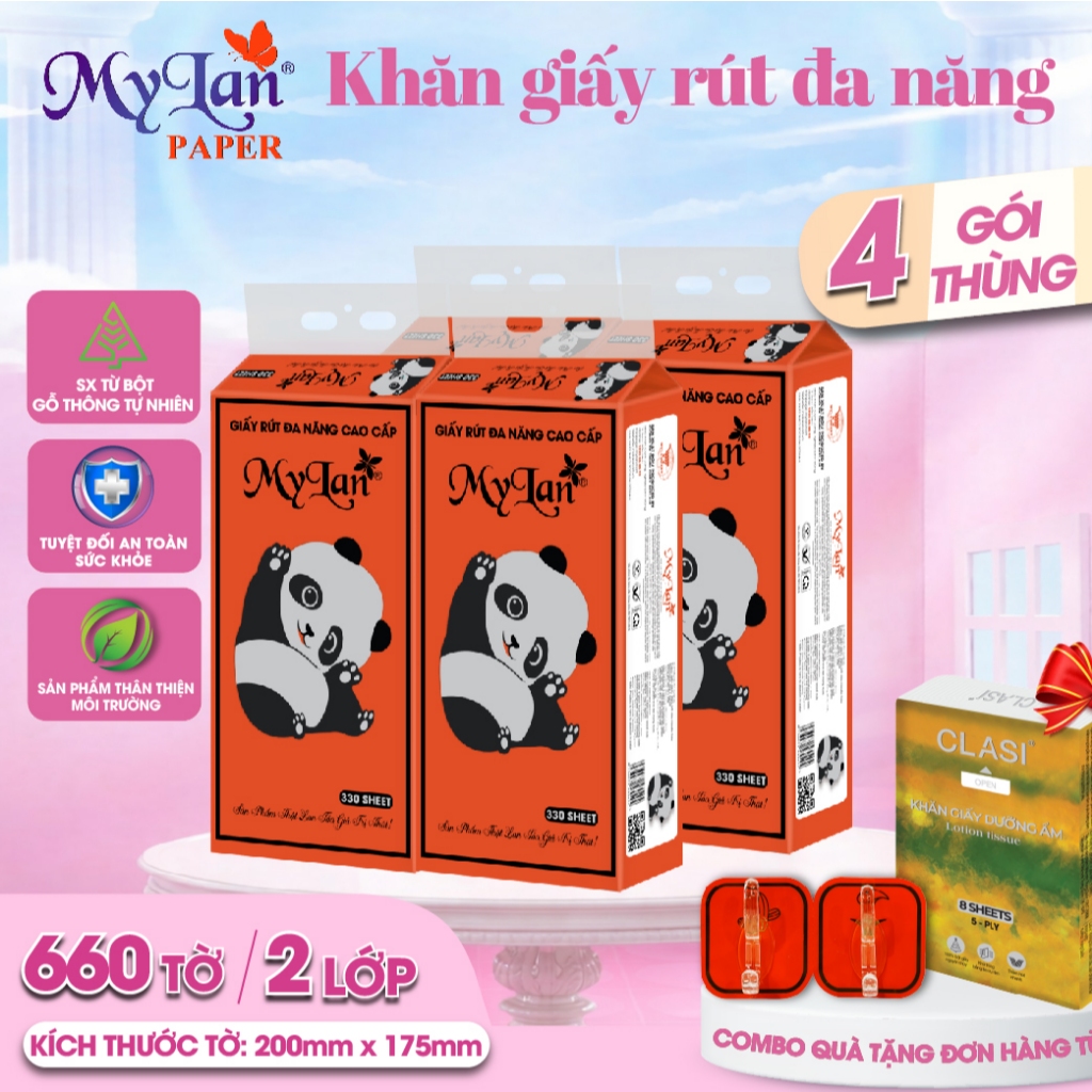 Khăn Giấy Đa Năng MyLan Rút Đáy Cao Cấp Dập Vân 4D Mềm Dai 330 Lượt Rút 200mm x 175mm (Thùng)