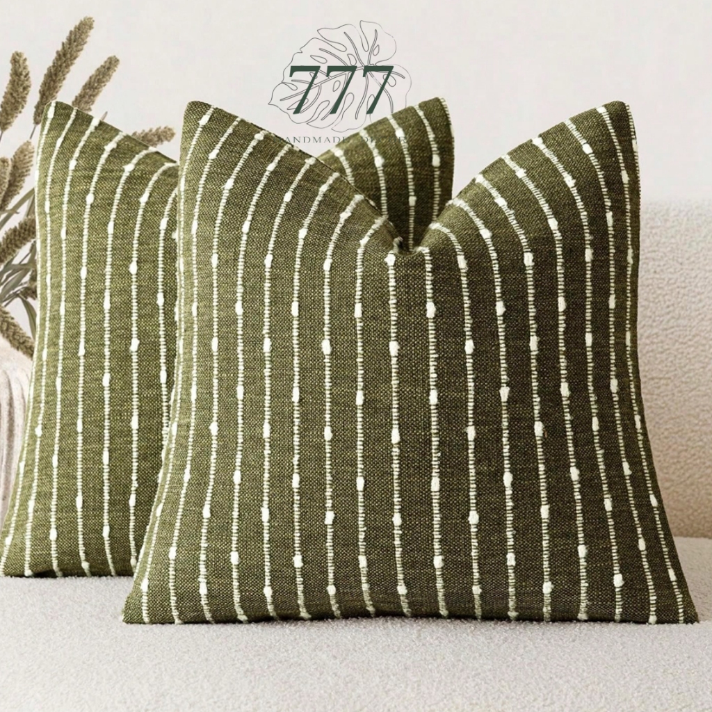 Vỏ Gối Trang Trí Sofa Sọc Xanh Olive 45x45 – Vỏ Gối Tựa Lưng Sofa Vải Dệt-777205