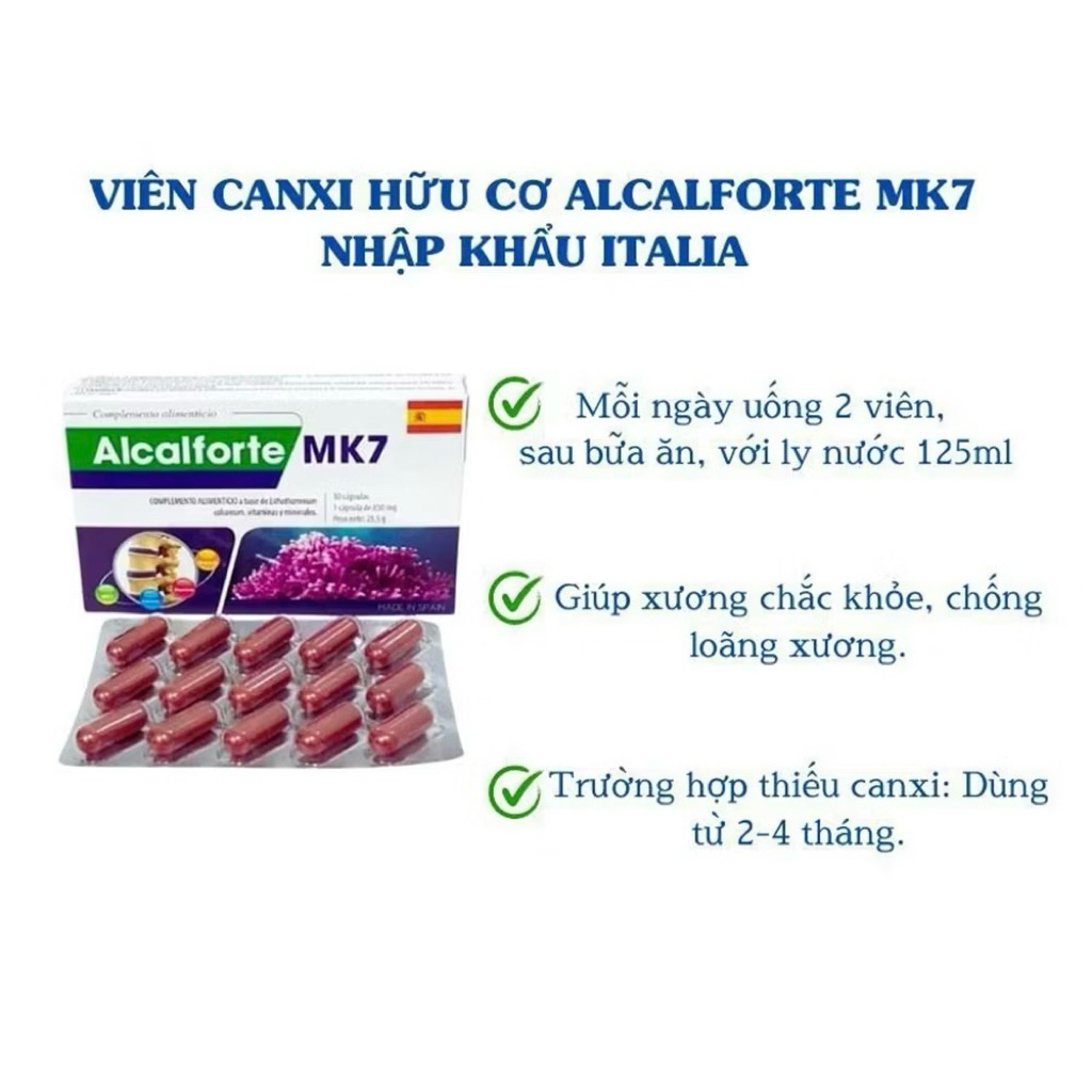 Canxi tảo biển ALCALFORTE MK7 bổ sung Canxi, Magie, Vitamin K2 & D3, hỗ trợ xương khỏe mạnh (30 viên