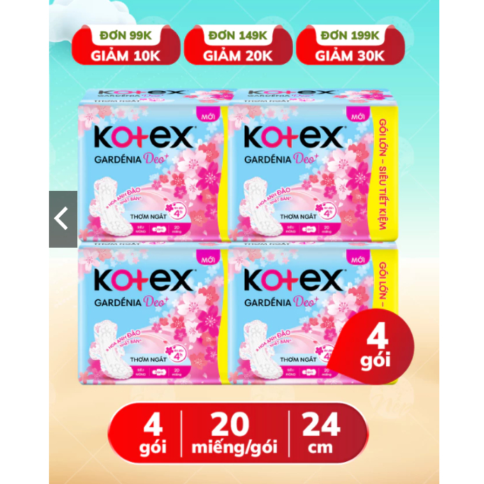 [Siêu tiết kiệm] Lốc 4 Gói 84 Miếng Băng Vệ Sinh Kotex Hoa Anh Đào Gardenia Deo+ Siêu Mỏng Cánh 23cm