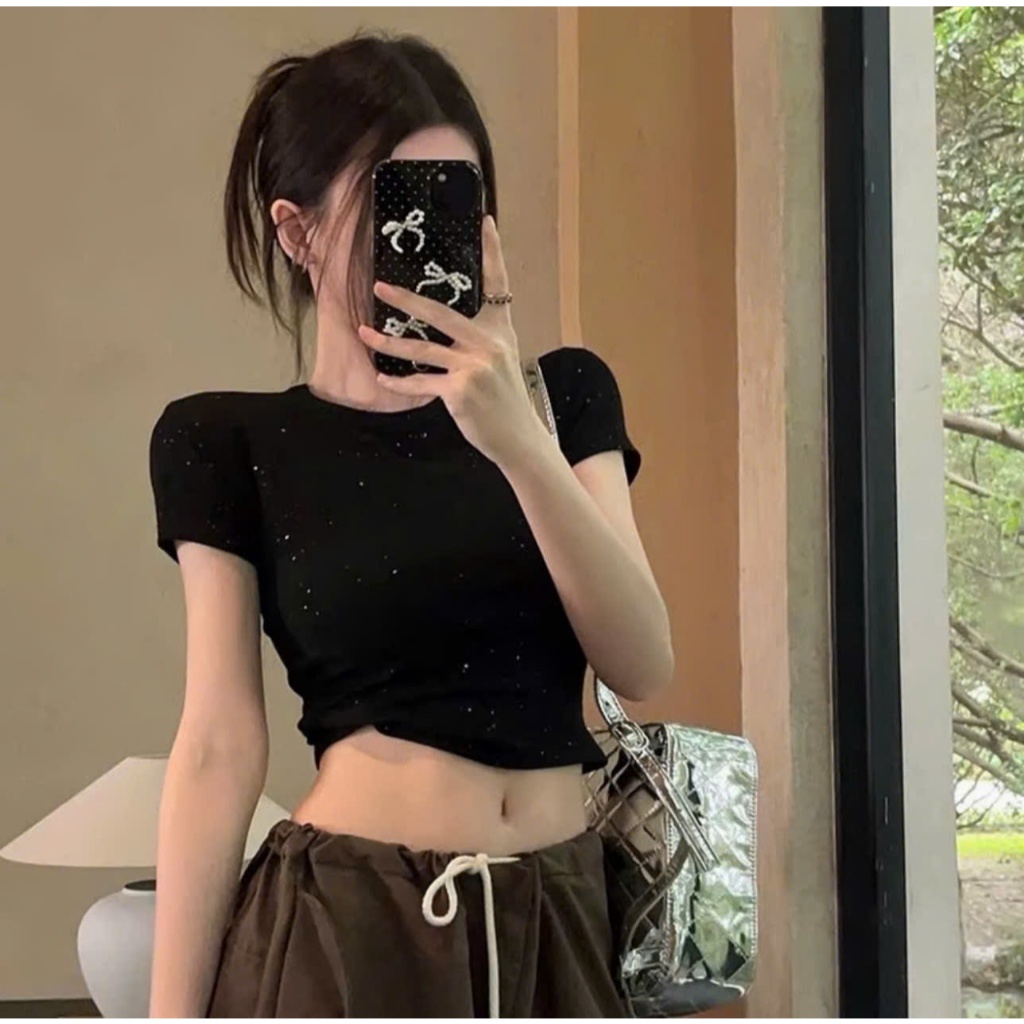 Áo thun ôm body bling bling ,áo phông croptop ngắn tay thắt eo chất thun co giãn cực tôn dáng phong 