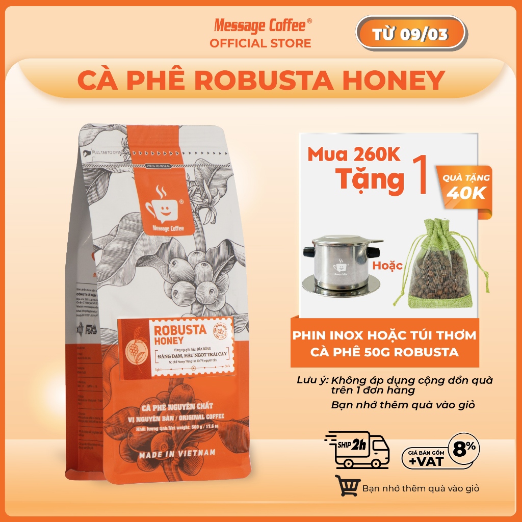 Cà phê Robusta Honey nguyên chất rang mộc 100% vị đắng đầm hậu ngọt thơm nồng dùng pha phin pha máy từ Message Coffee