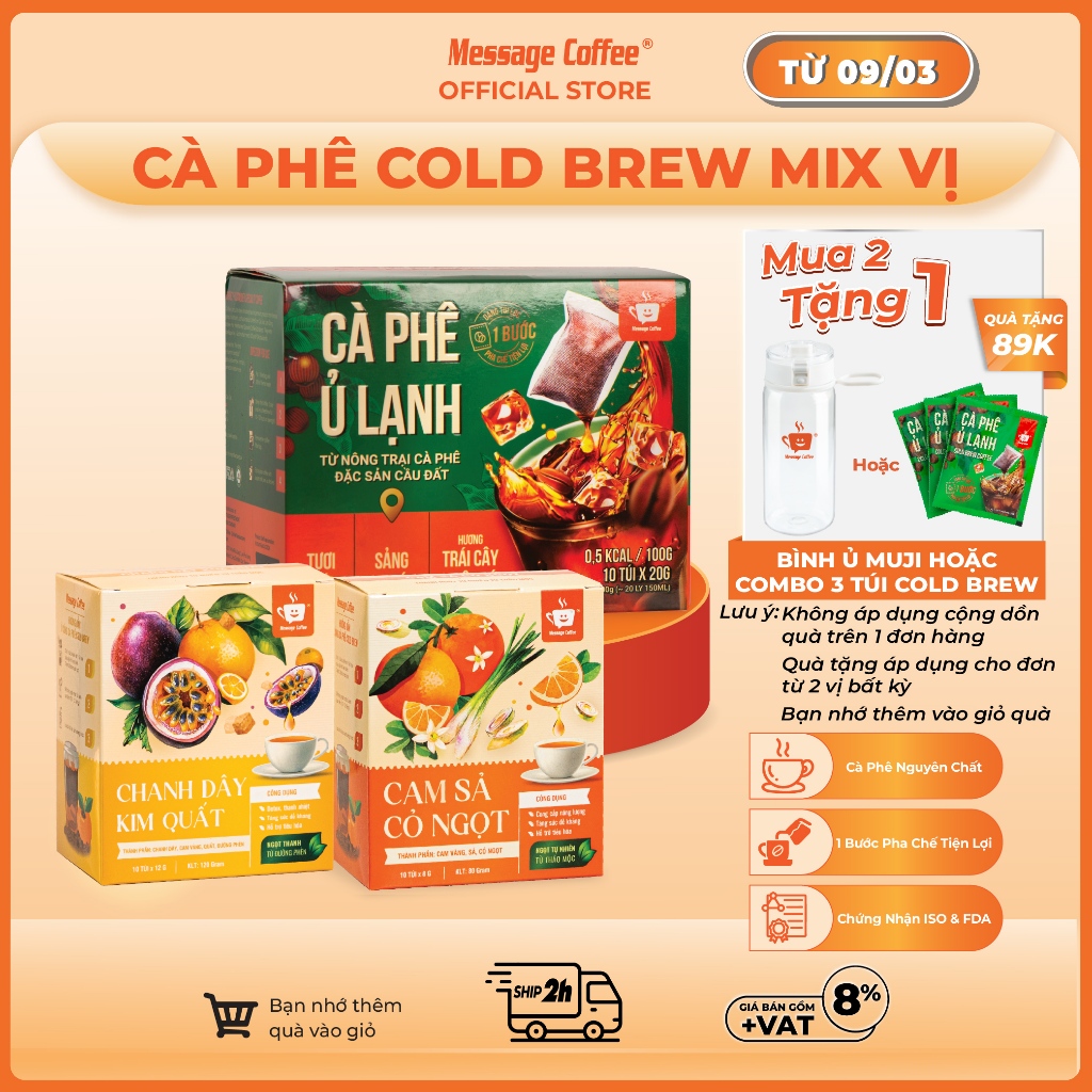 Cà phê Ủ Lạnh Cold Brew túi lọc Arabica Cầu Đất mix vị, cafe tiện lợi một bước pha chế từ Message Coffee