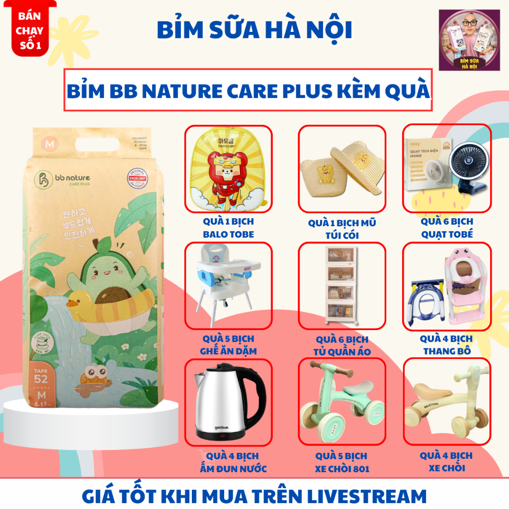 (KÈM QUÀ TẶNG) Tã bỉm BB NATURE CARE PLUS mềm, mỏng, thấm hút tốt đủ size S62>>4XL