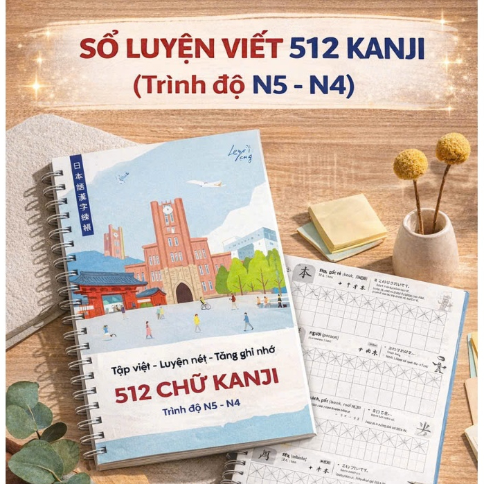 🌈 512 Từ Vựng Kanji Cơ Bản - Có hướng dẫn thứ tự nét viết - Đóng sổ lò xo Vở luyện viết chữ - Tạp ho