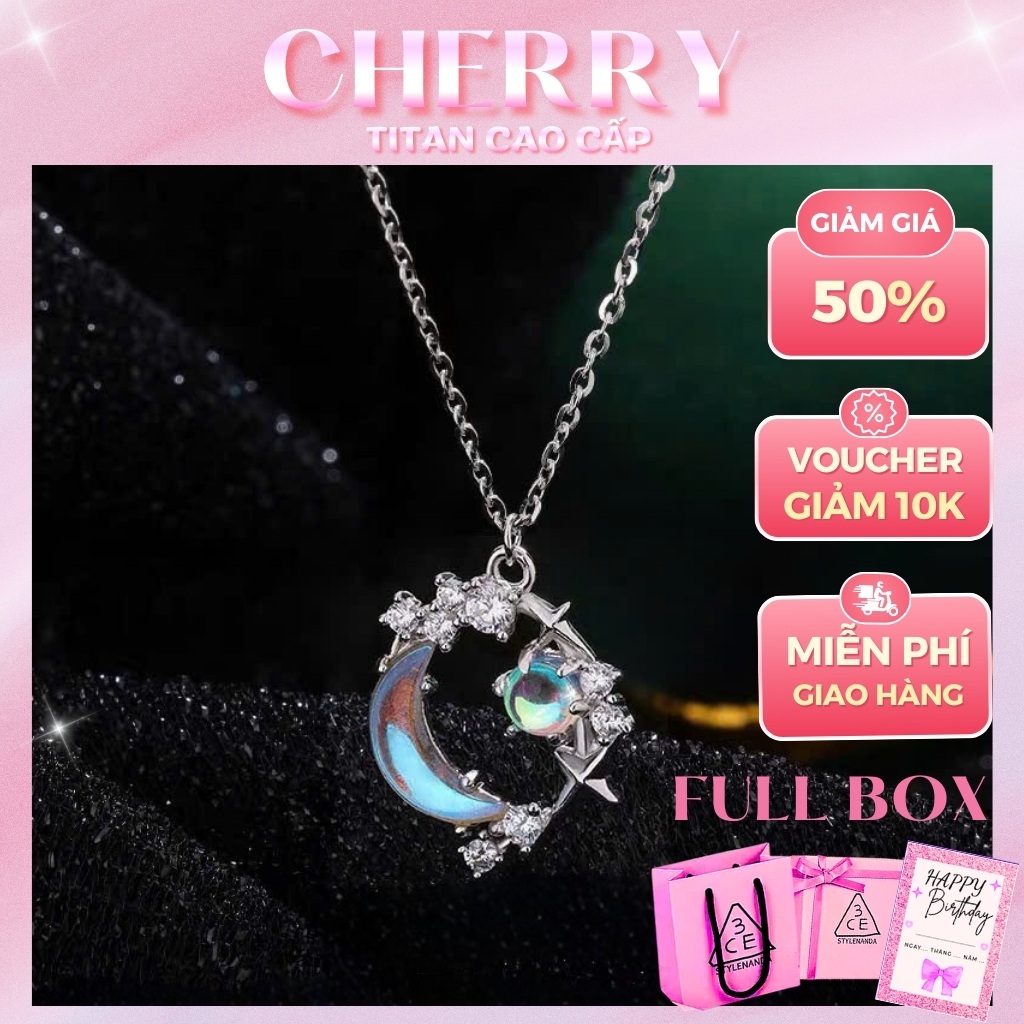 Dây chuyền Nữ CHERRY JEWELRY đá mặt trăng lấp lánh, Vòng cổ titan cao cấp không gỉ - Kèm vòng và hộp