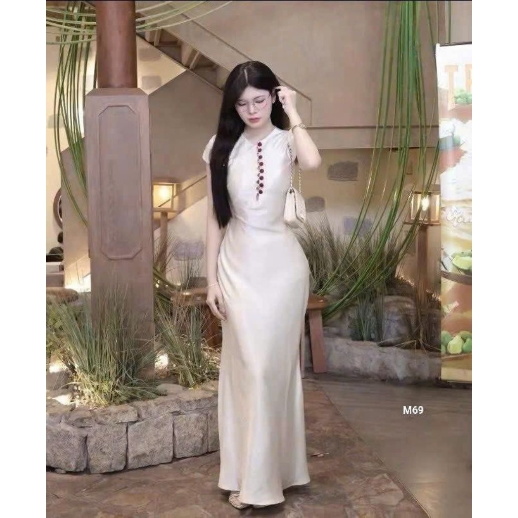Đầm tuyết nhung nút bọc dài xoè chuẩn hình cao cấp M69