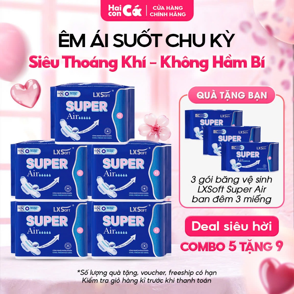 [Combo 3 tặng 3, 5 tặng 9] Băng Vệ Sinh Super Air LXSoft Bạc Hà, Mặt Lưới Lụa Siêu thoáng Khí, thấm 