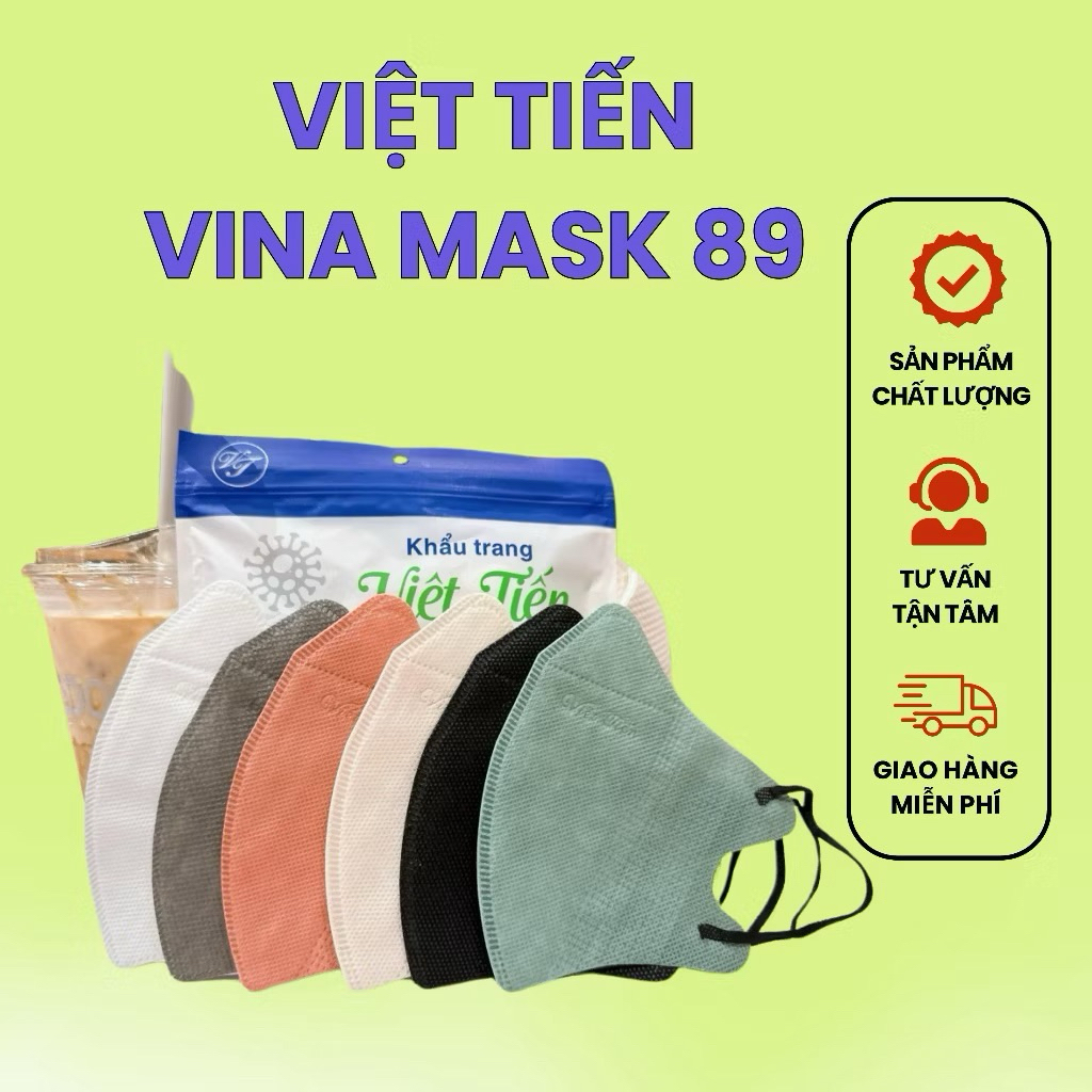 Combo 2 Thùng /200 chiếc Khẩu Trang 3D Kháng Khuẩn Việt Tiến Vina Mask Cao Cấp