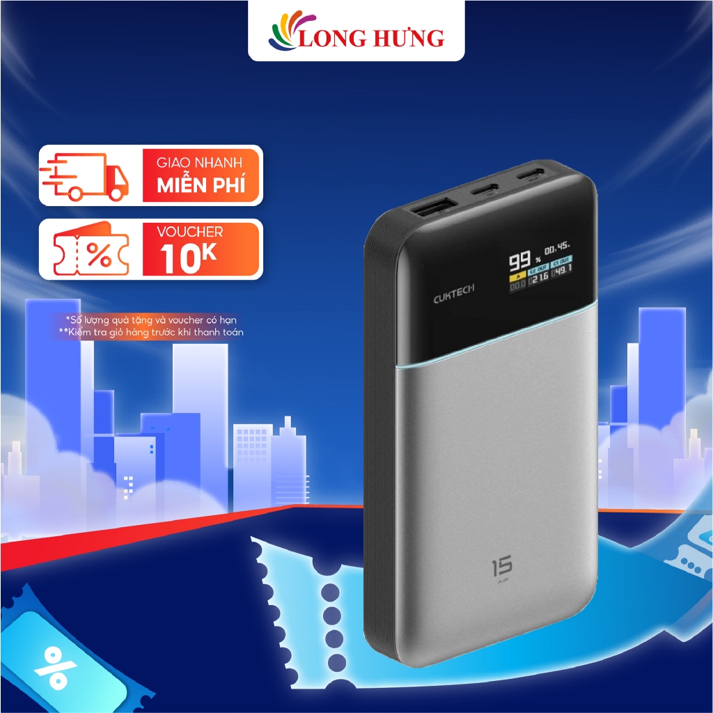 Sạc dự phòng Cuktech Power Bank 15 Air 1USB 2Type-C 100W 15000mAh PB150S - Hàng chính hãng
