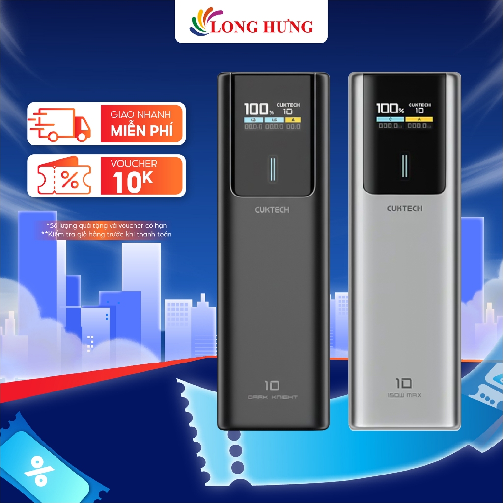 Sạc dự phòng Cuktech Power Bank 10 Plus 1USB 2Type-C 120W 15000mAh PB150P - Hàng chính hãng