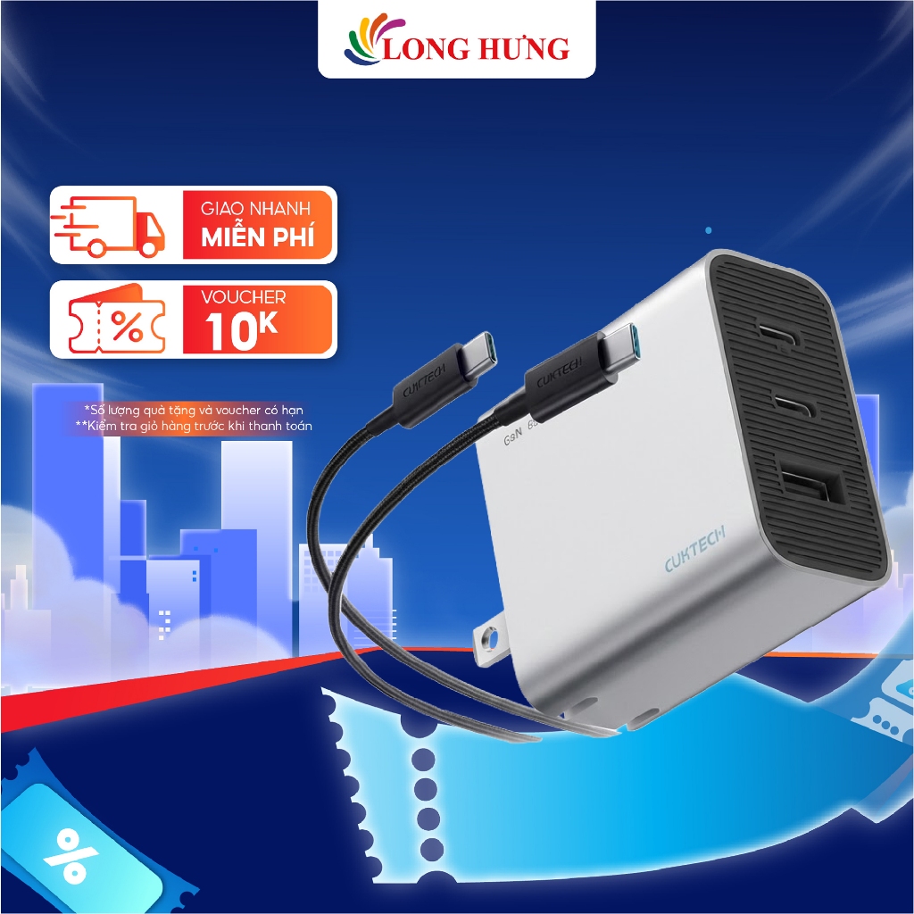 Combo cốc sạc Cuktech 1USB 2Type-C 65W + Cáp USB Type-C to Type-C AD653C - Hàng chính hãng